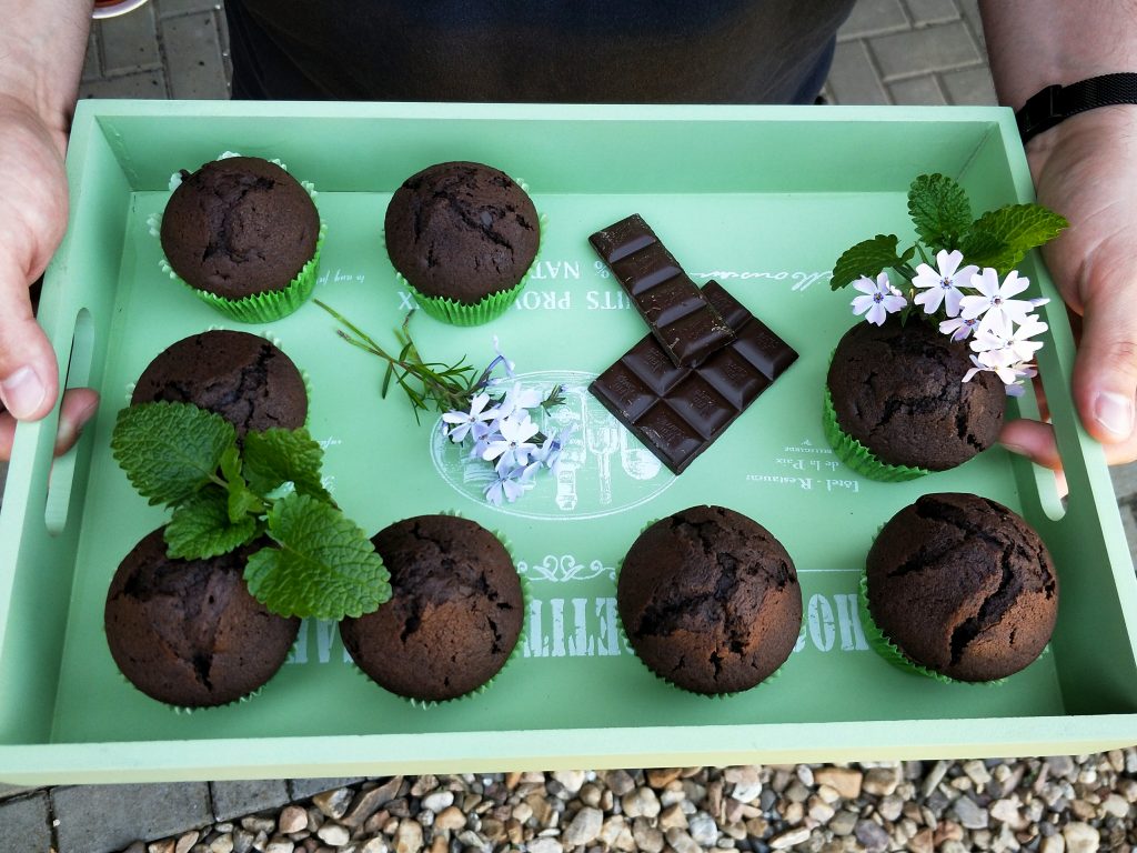 tácek s kakaovými muffiny s kousky čokolády